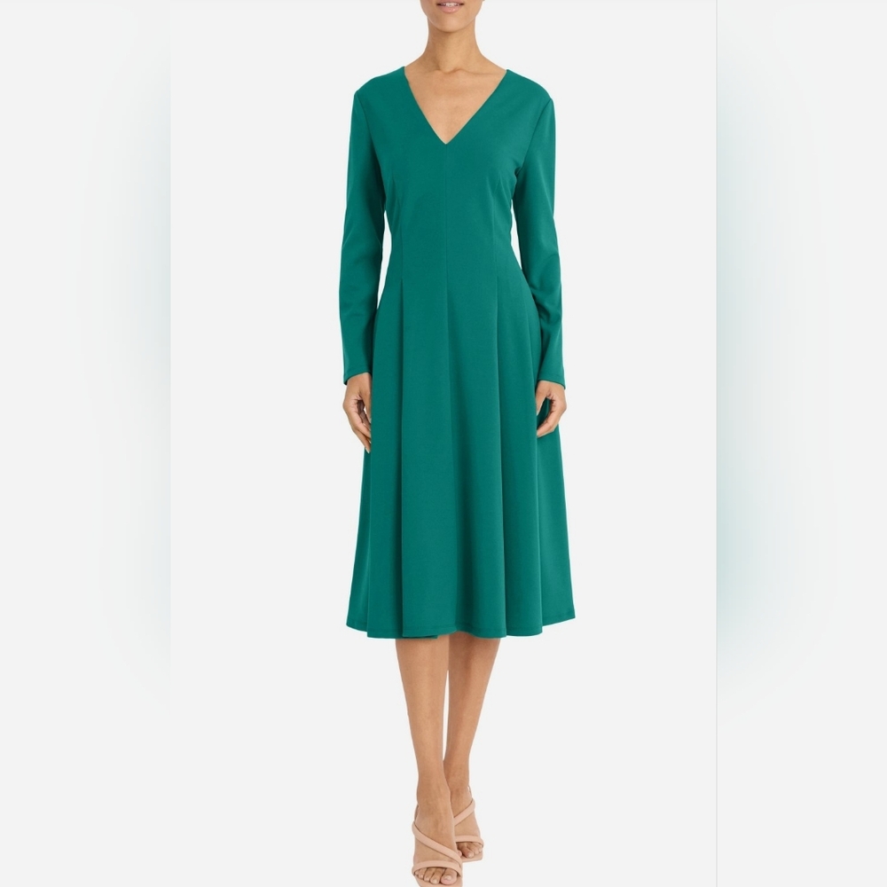 Maggy London Teal V-Neck Long Sleeve Midi Dress